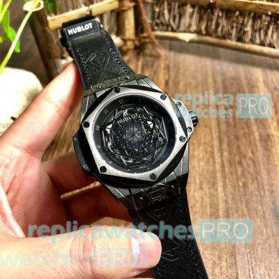 Swiss Copy Hublot Big Bang Sang Bleu Black Leather Strap Watch 45mm